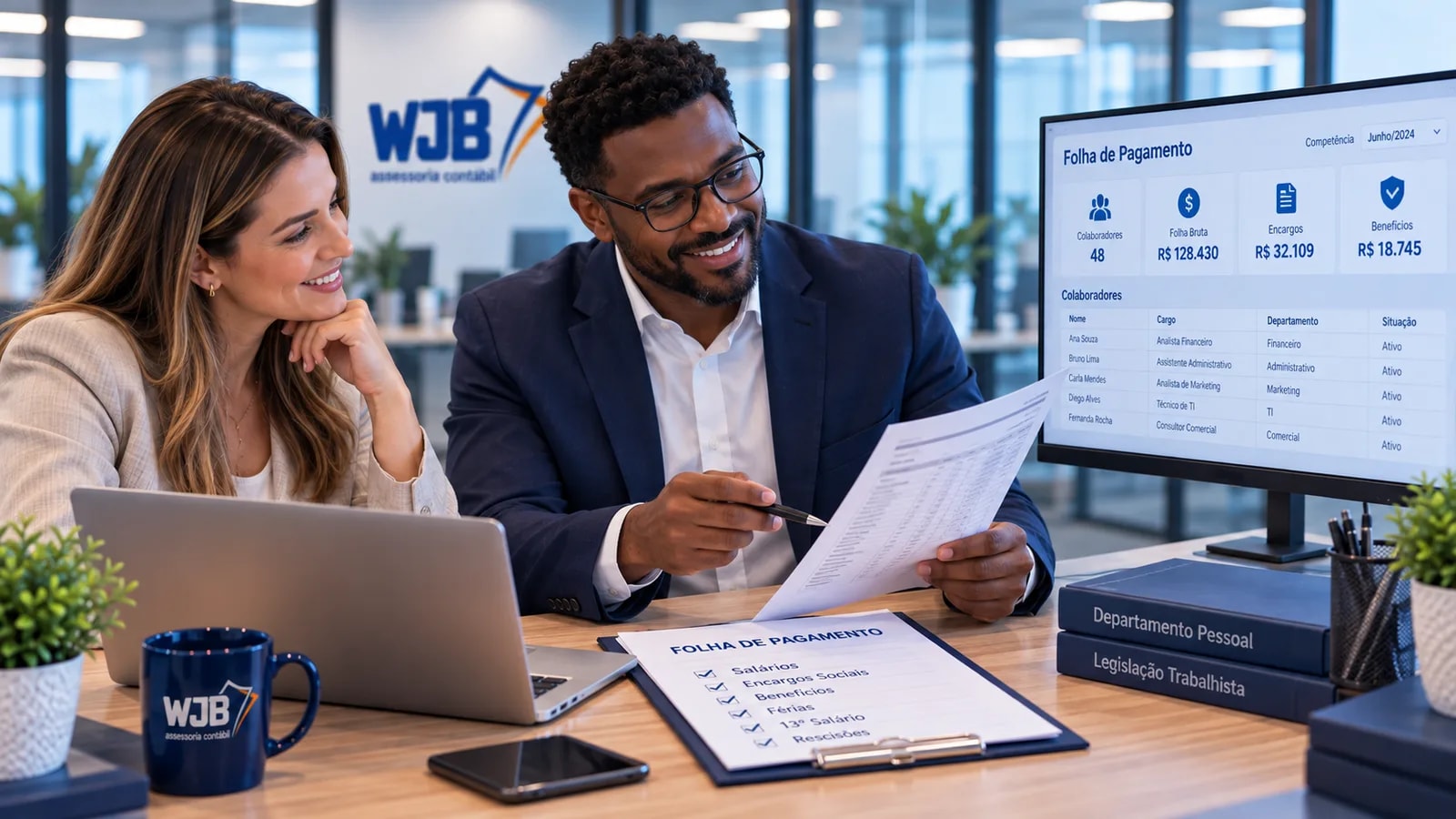 Consultor da WJB apresentando um painel de folha de pagamento a uma cliente, com o documento impresso na mesa