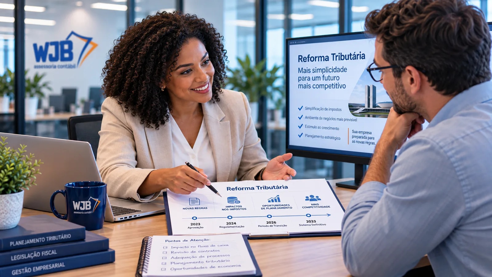 Consultora da WJB apresentando um painel sobre a Reforma Tributária a um cliente, com um checklist de pontos de atenção na mesa