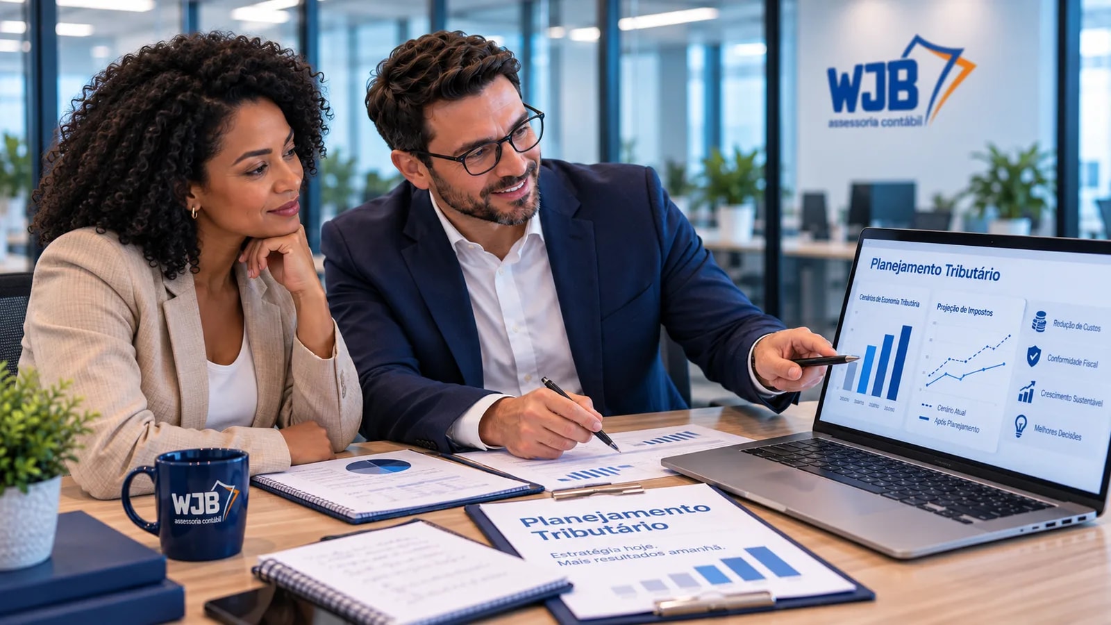Consultor da WJB apresentando um painel de planejamento tributário a dois clientes, em um notebook