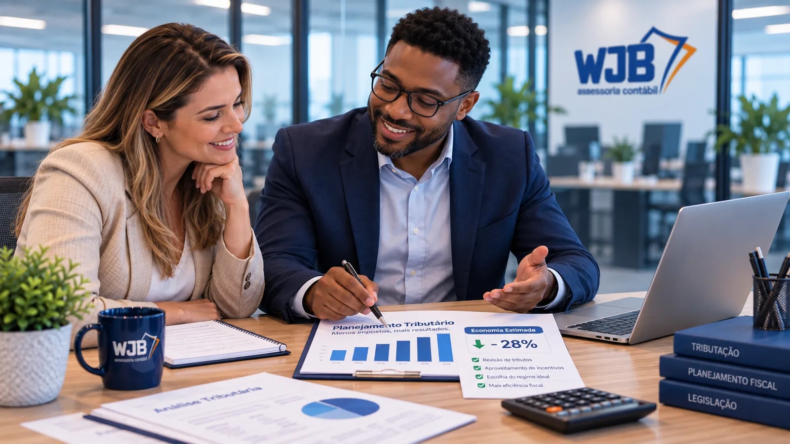 Consultor da WJB apresentando um relatório de planejamento tributário e economia estimada a dois clientes