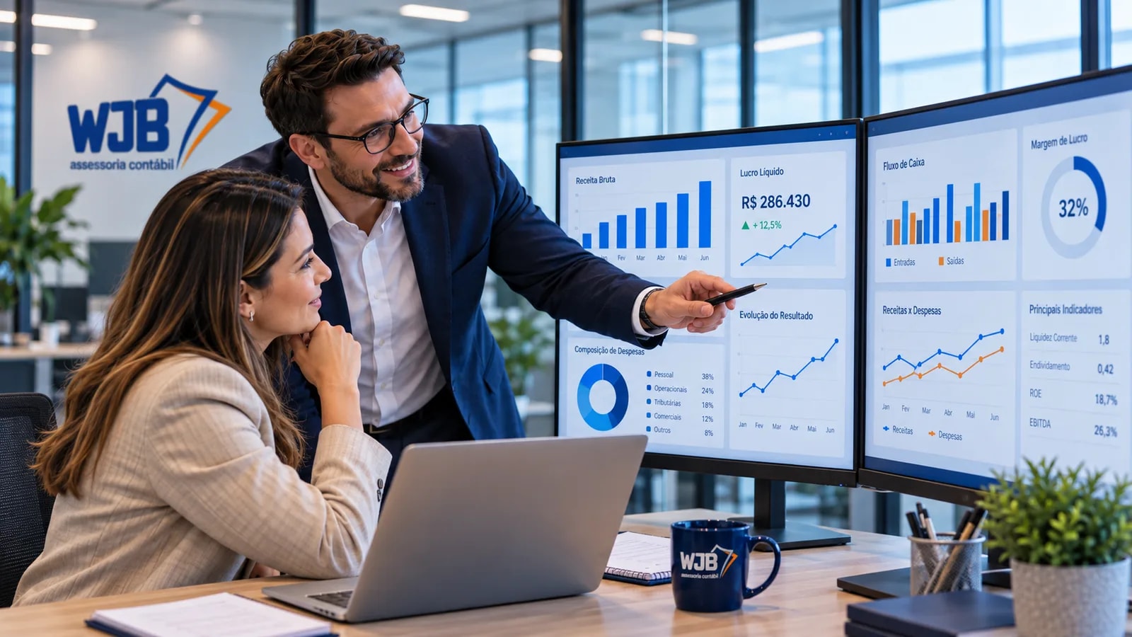 Consultor da WJB apresentando dashboards financeiros (receita, lucro, fluxo de caixa e indicadores) em dois monitores