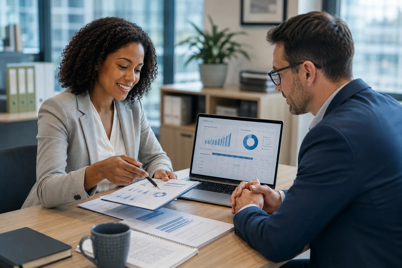 Consultora e cliente revisando gráficos e relatórios com notebook na mesa