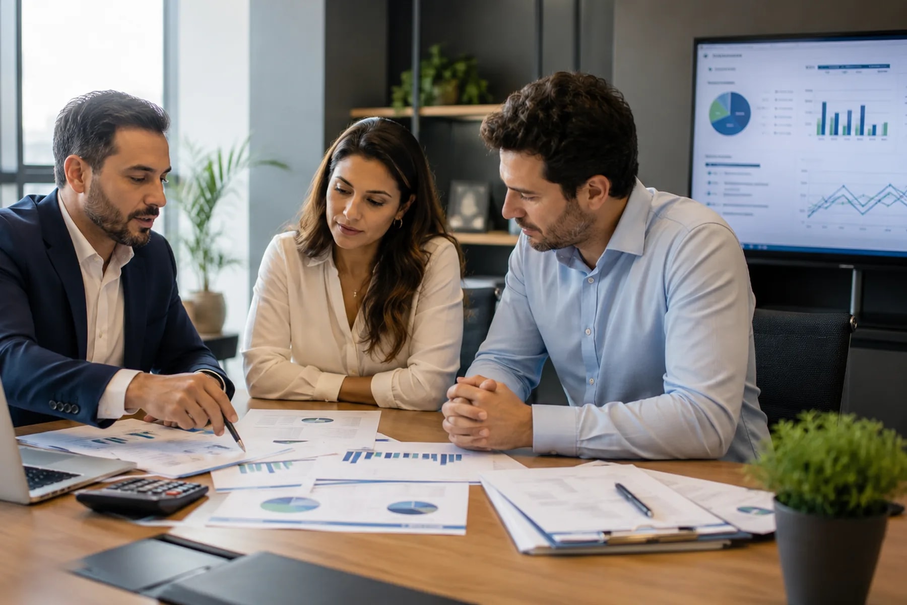 Profissionais em reunião de trabalho, analisando relatórios em equipe