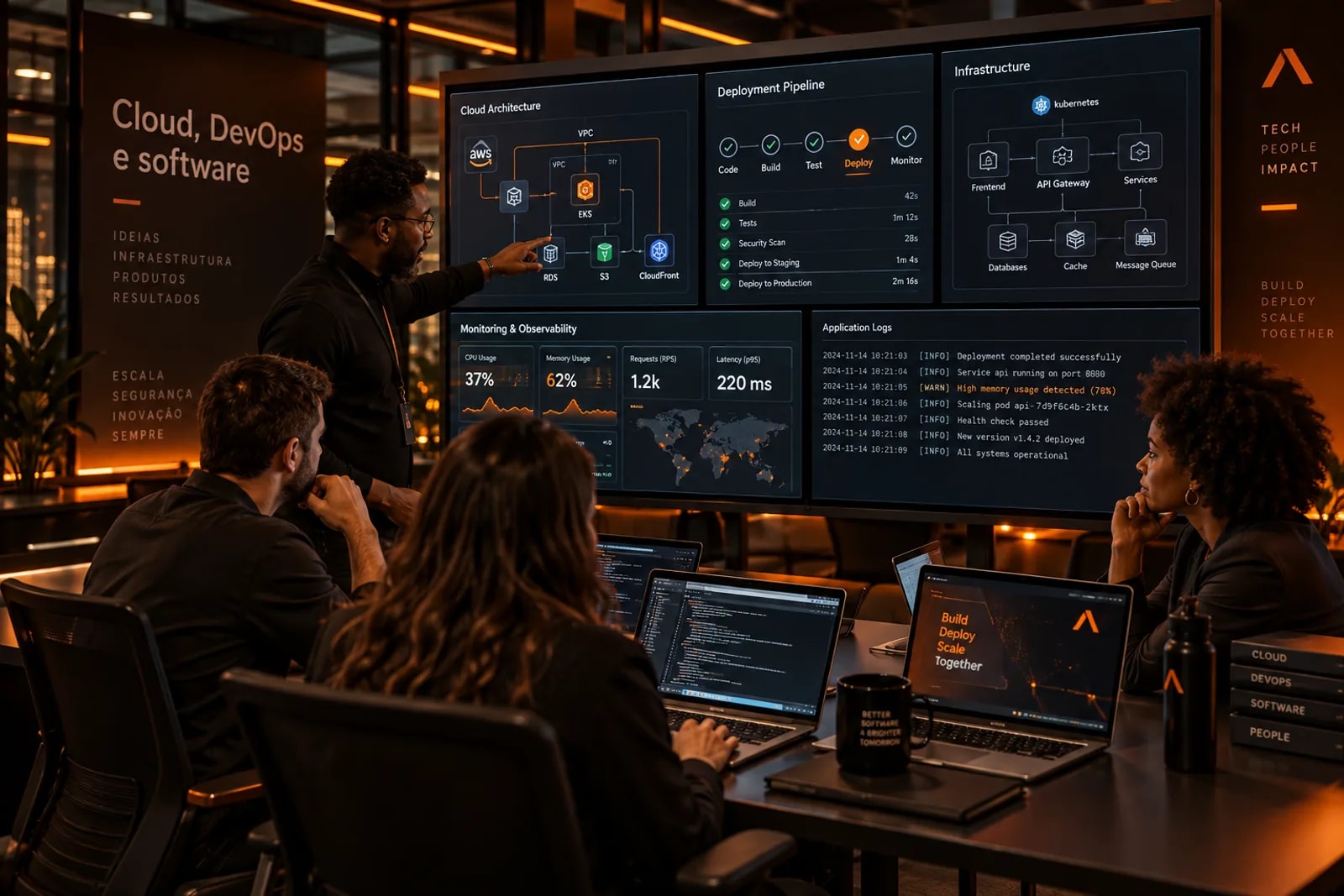 Equipe da Armel-x analisando arquitetura de nuvem, pipeline de deploy e observabilidade em telões