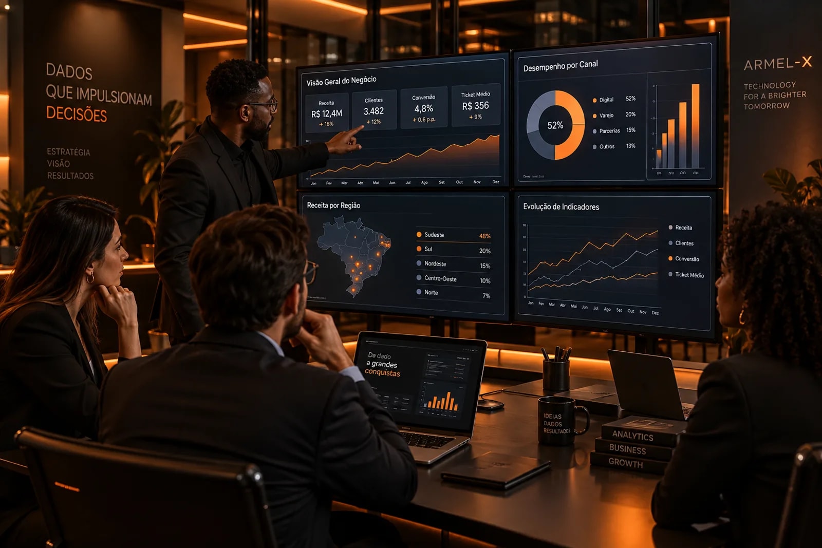 Equipe da Armel-x analisando dashboards de receita, conversão e desempenho por canal em múltiplos monitores