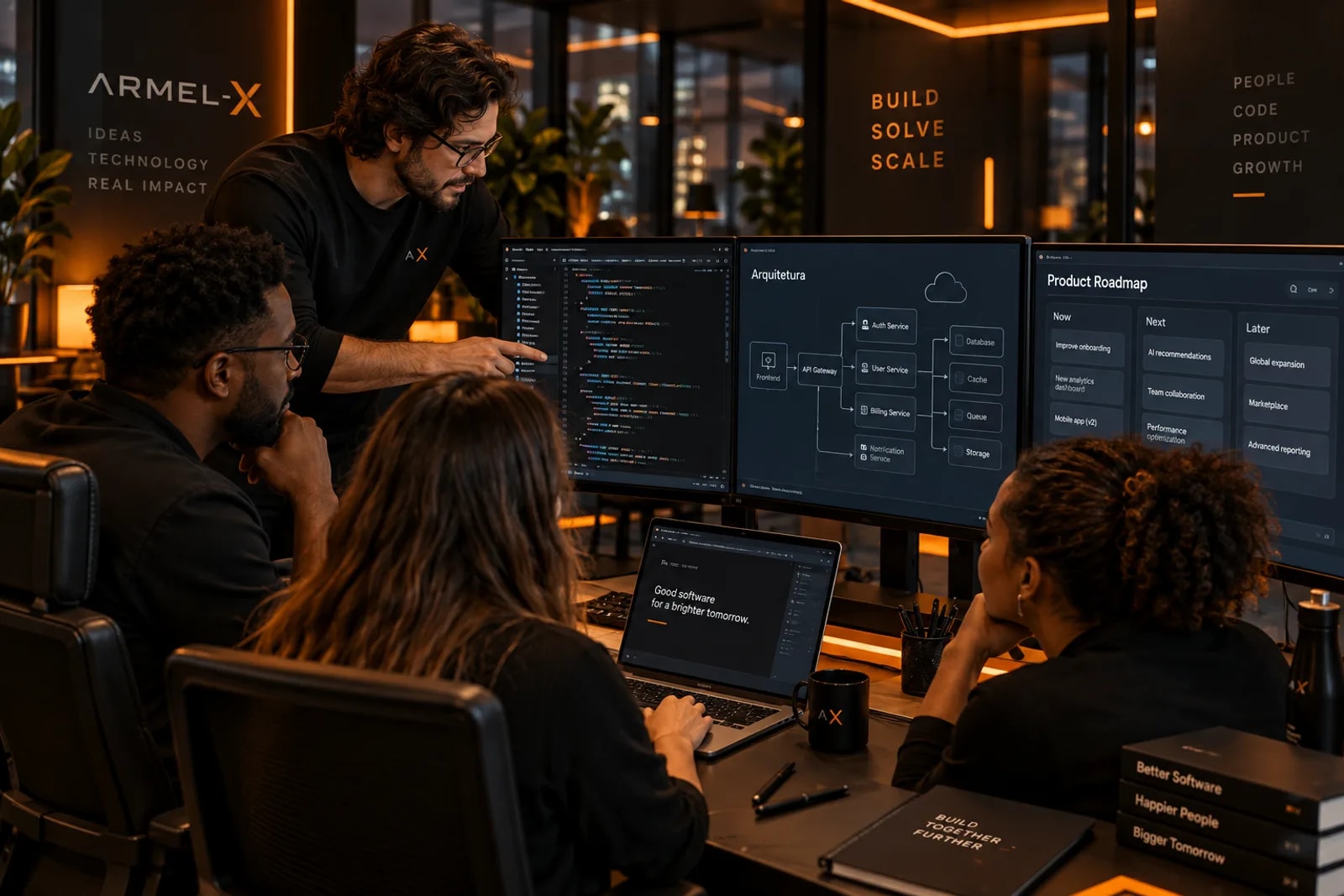Equipe da Armel-x revisando código, arquitetura de sistema e roadmap de produto em múltiplos monitores