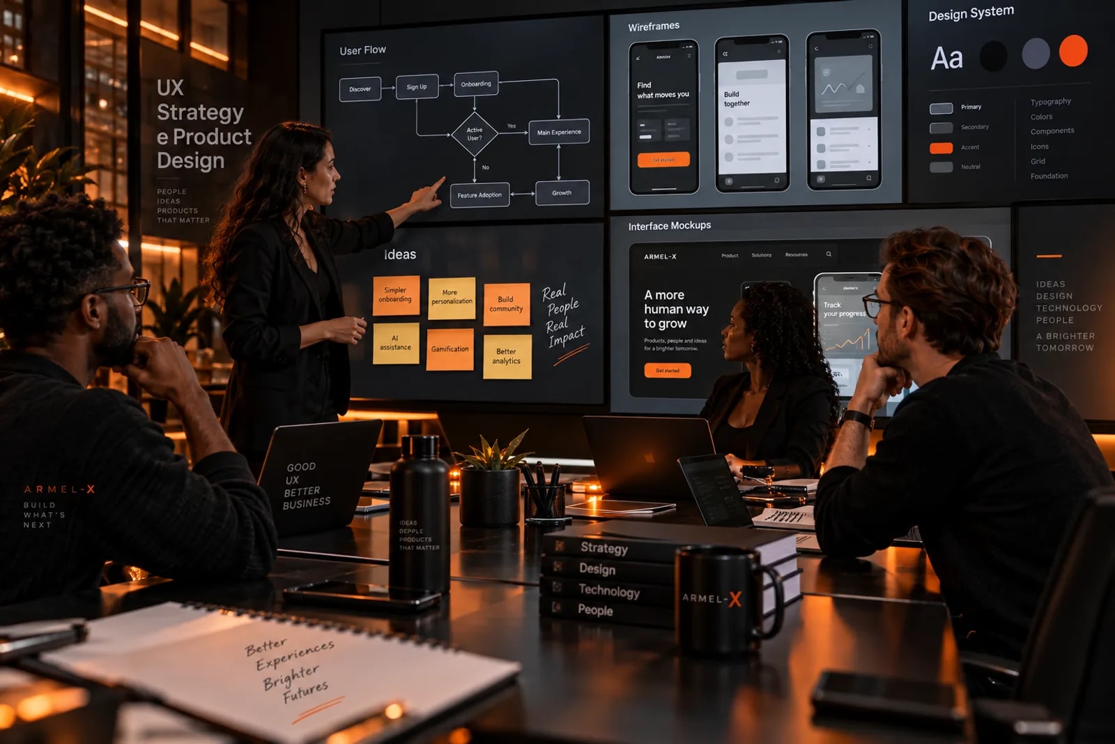 Equipe da Armel-x discutindo fluxo de usuário, wireframes e design system em telões