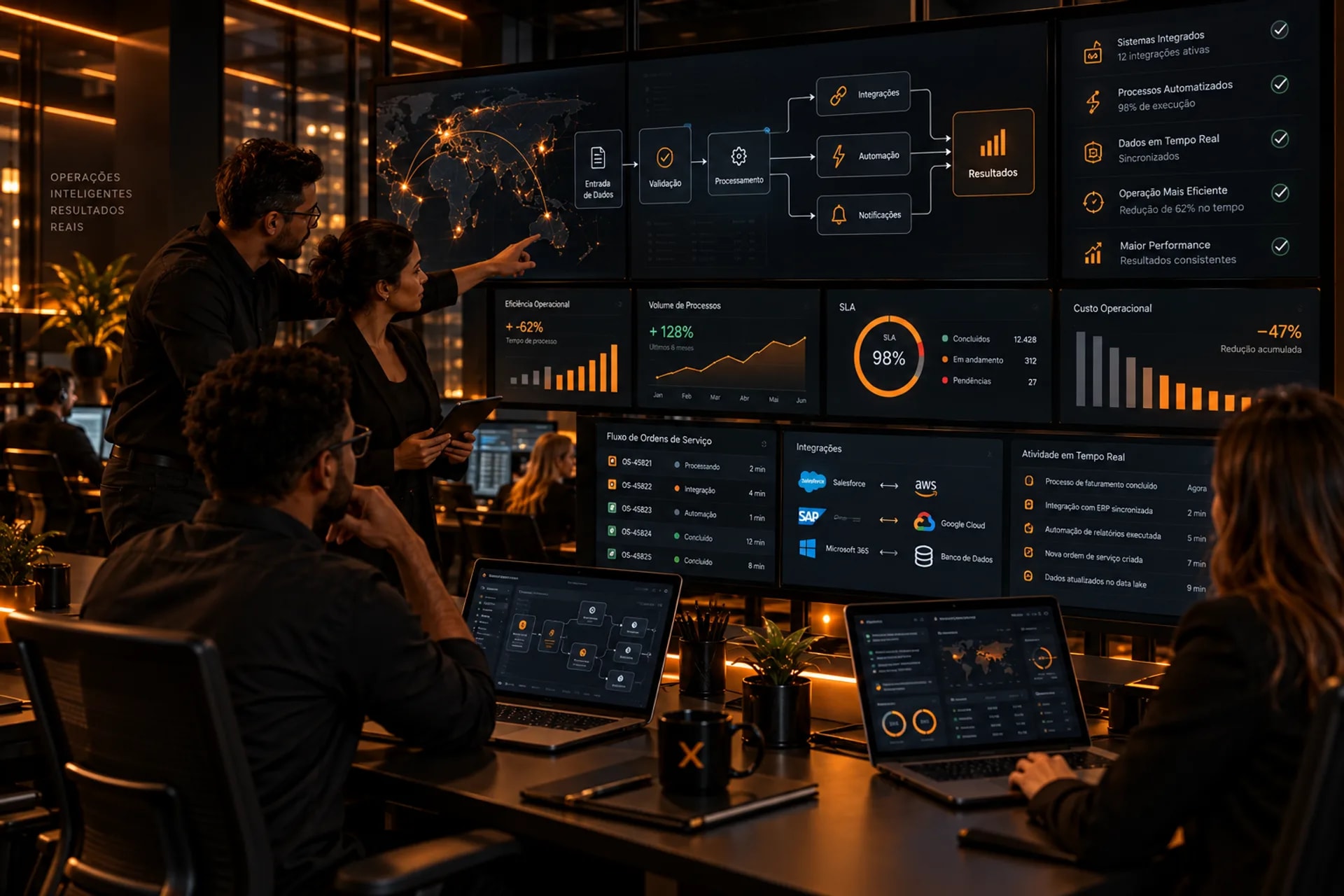 Equipe da Armel-x analisando painel de operações inteligentes, fluxo de processos e resultados em telões