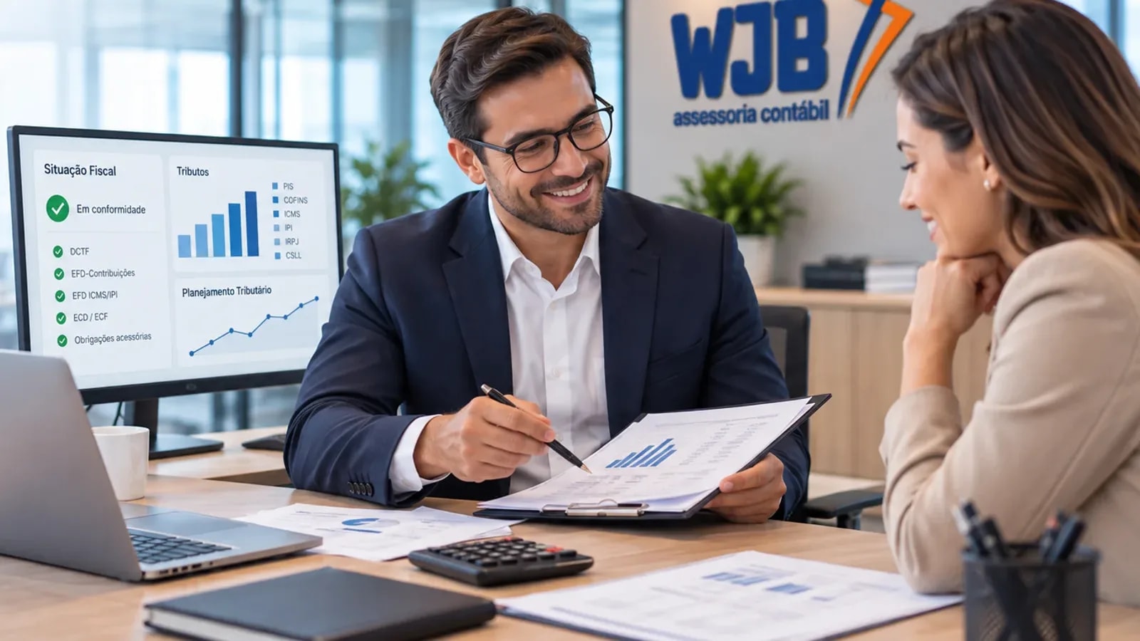 Consultor da WJB revisando documentos fiscais com uma cliente, com painel de situação fiscal em conformidade exibido no monitor