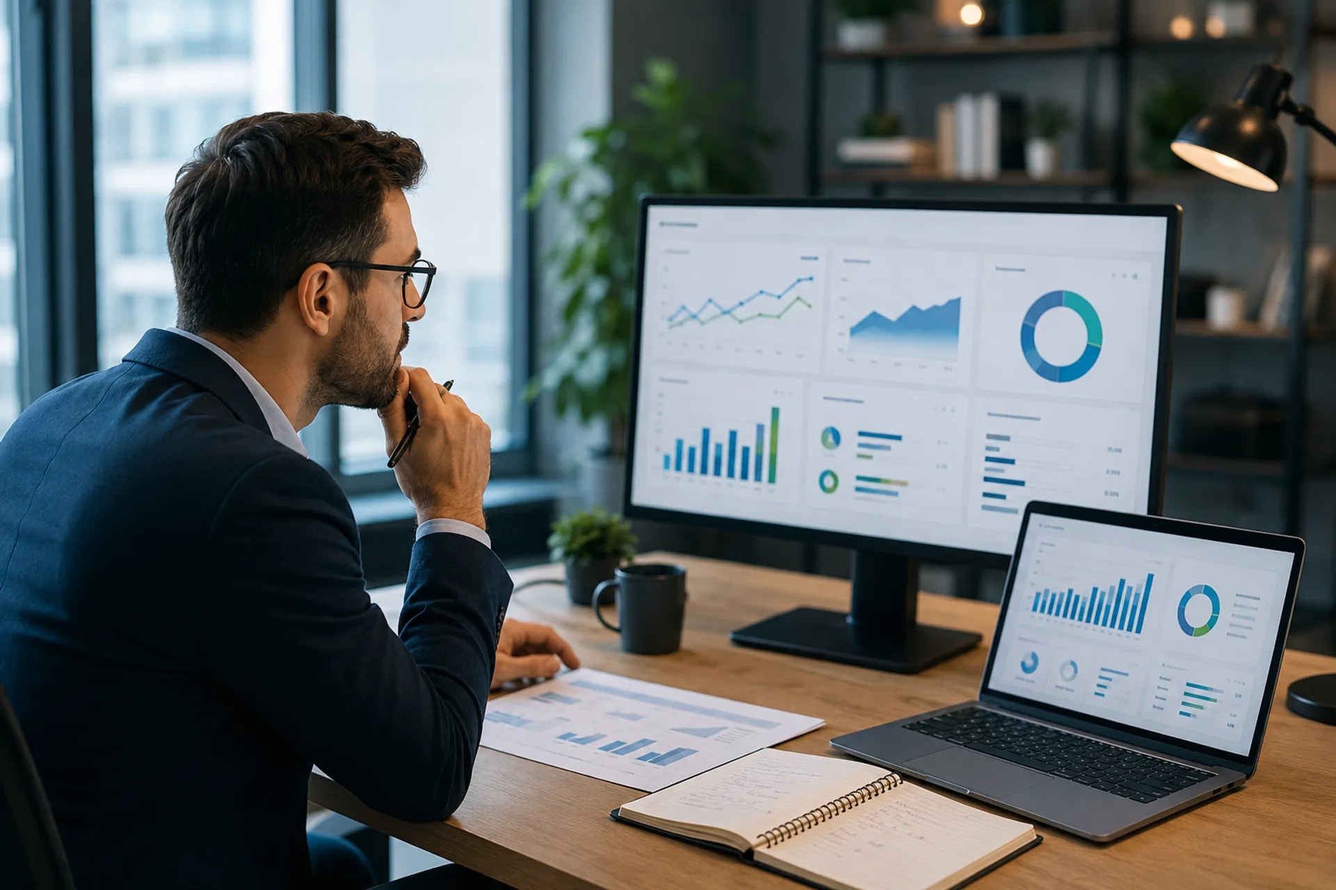 Profissional analisando indicadores contábeis em dois monitores e notebook