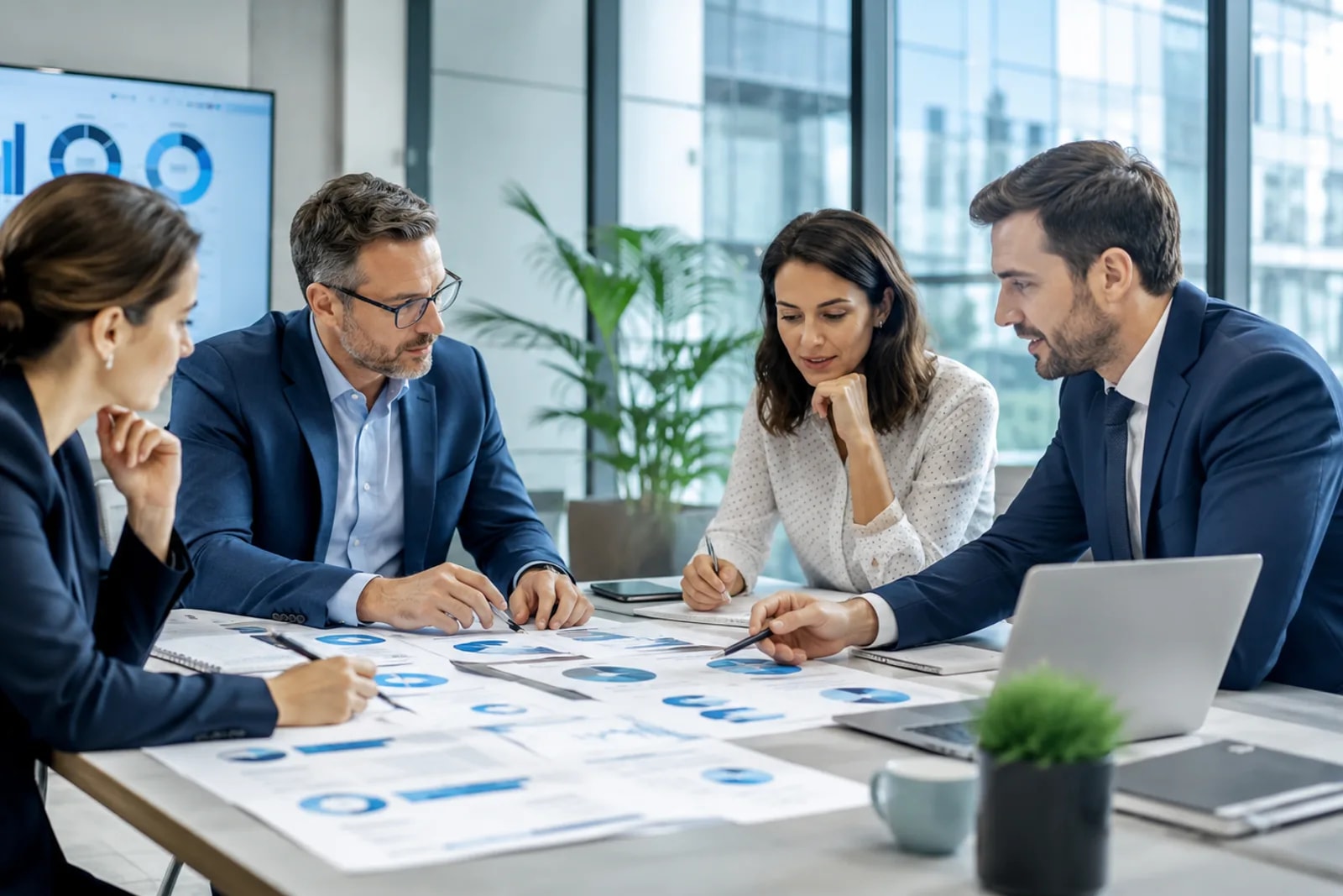 Equipe revisando relatórios e documentos financeiros impressos durante reunião