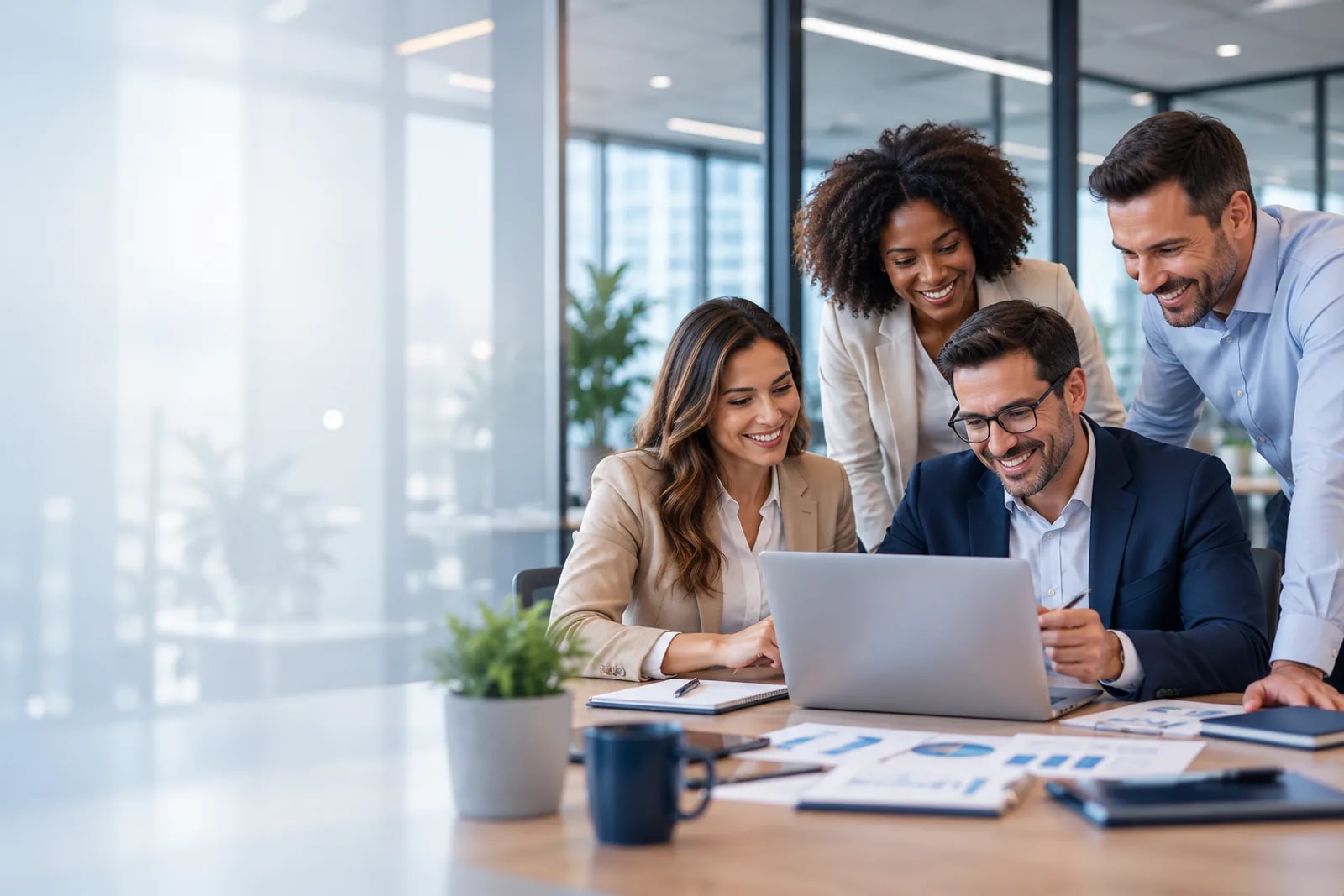 Equipe reunida ao redor de um notebook analisando relatórios e gráficos