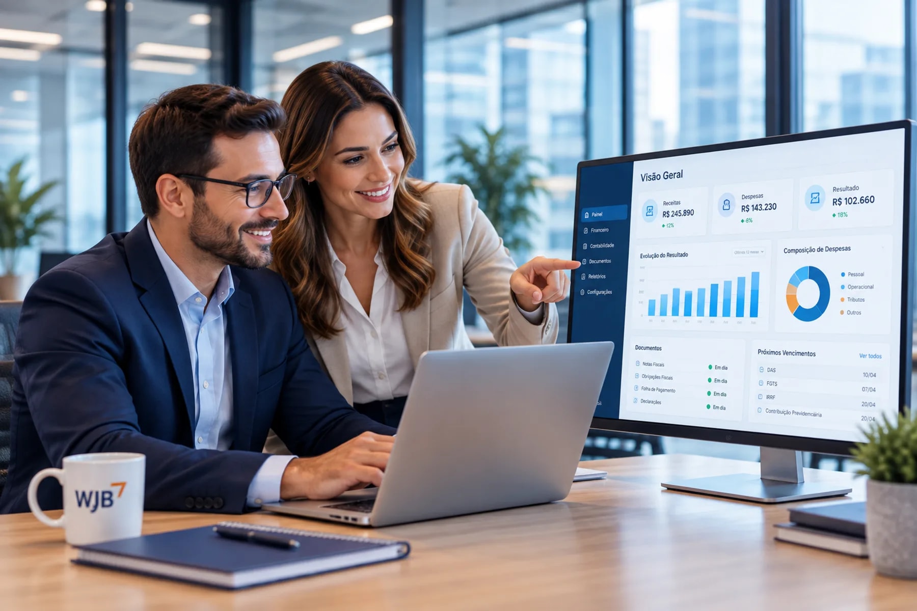 Consultora e cliente analisando notebook com painel de indicadores em sobreposição digital