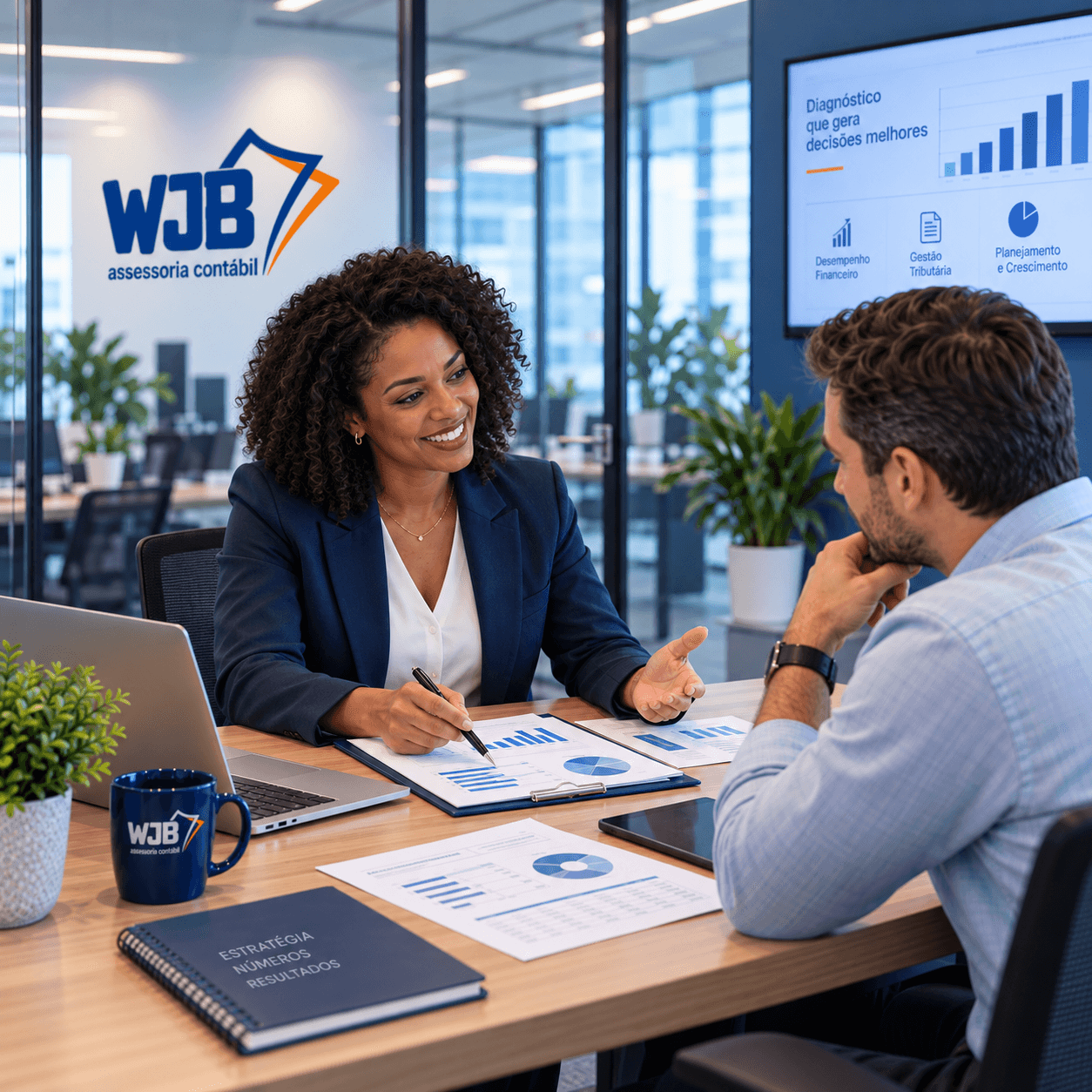 Consultora da WJB apresentando gráficos a um cliente, com painel 'Diagnóstico que gera decisões melhores' exibido em tela ao fundo