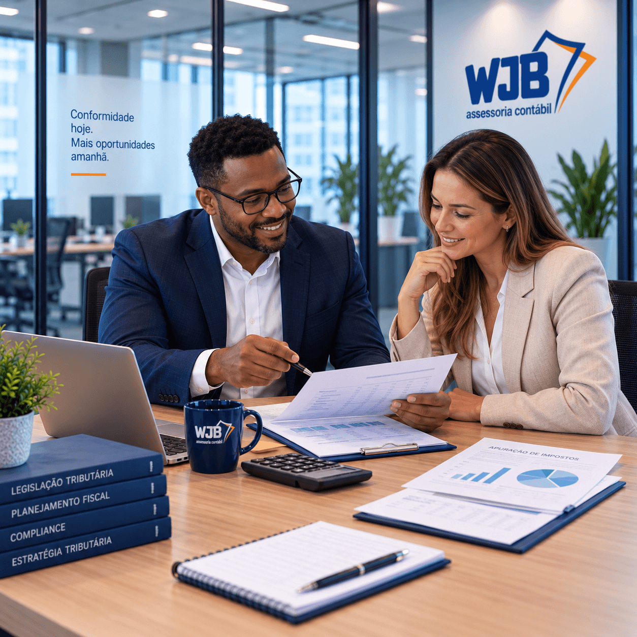 Consultor e cliente da WJB revisando apuração de impostos, com a frase 'Conformidade hoje. Mais oportunidades amanhã.' na parede de vidro