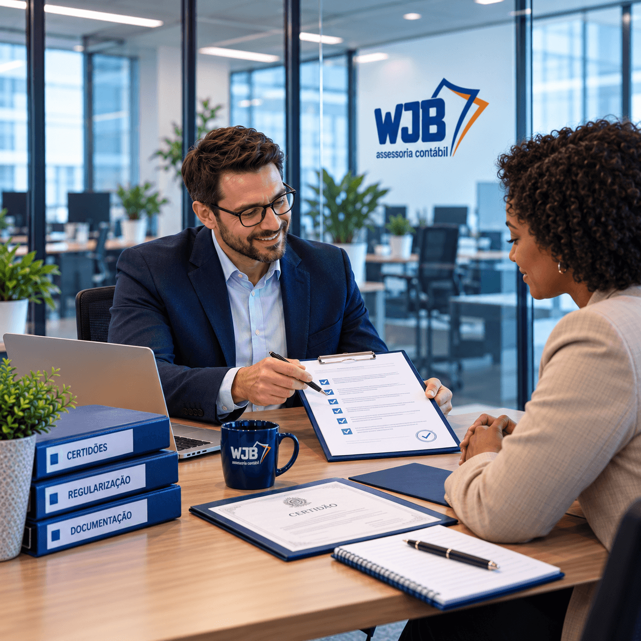 Consultor e cliente da WJB revisando documentos, com a frase 'Contabilidade para cada novo ciclo.' na parede de vidro