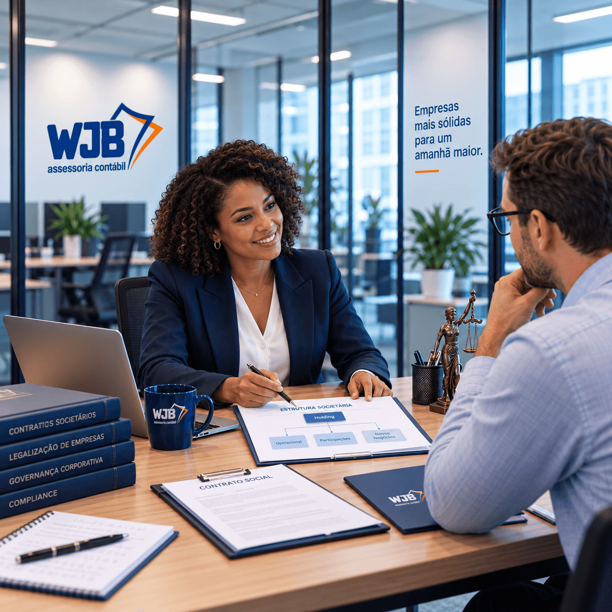 Consultora da WJB apresentando a estrutura societária de uma empresa a um cliente, com a frase 'Empresas mais sólidas para um amanhã maior.' na parede