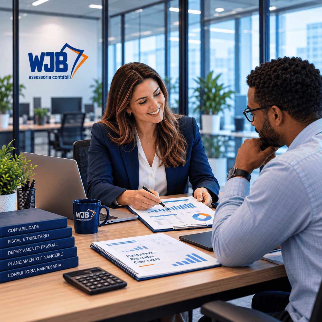 Consultora e cliente da WJB revisando planejamento e resultados, com livros de contabilidade, fiscal, departamento pessoal e consultoria empresarial na mesa