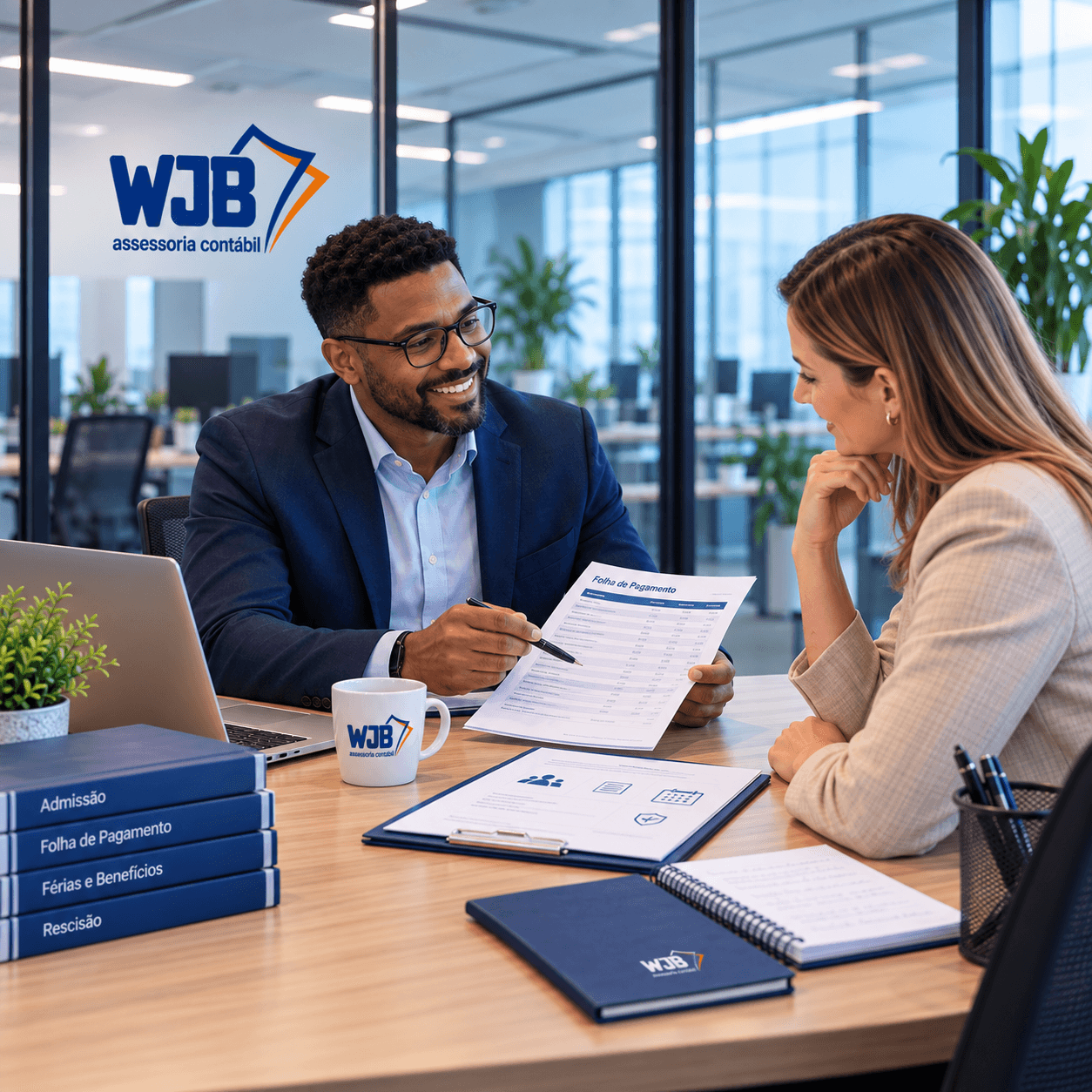Consultor da WJB apresentando a folha de pagamento a uma cliente, com livros sobre admissão, férias e rescisão na mesa
