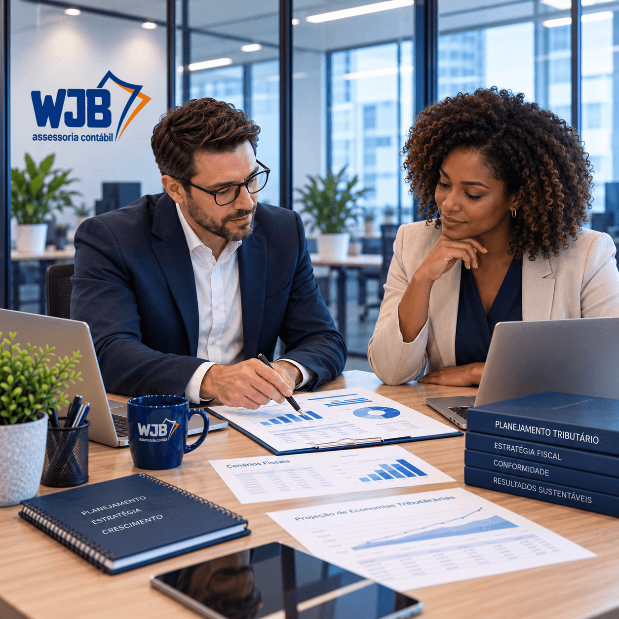 Consultor e cliente da WJB revisando cenários fiscais e planejamento tributário, com laptops e livros sobre estratégia fiscal na mesa
