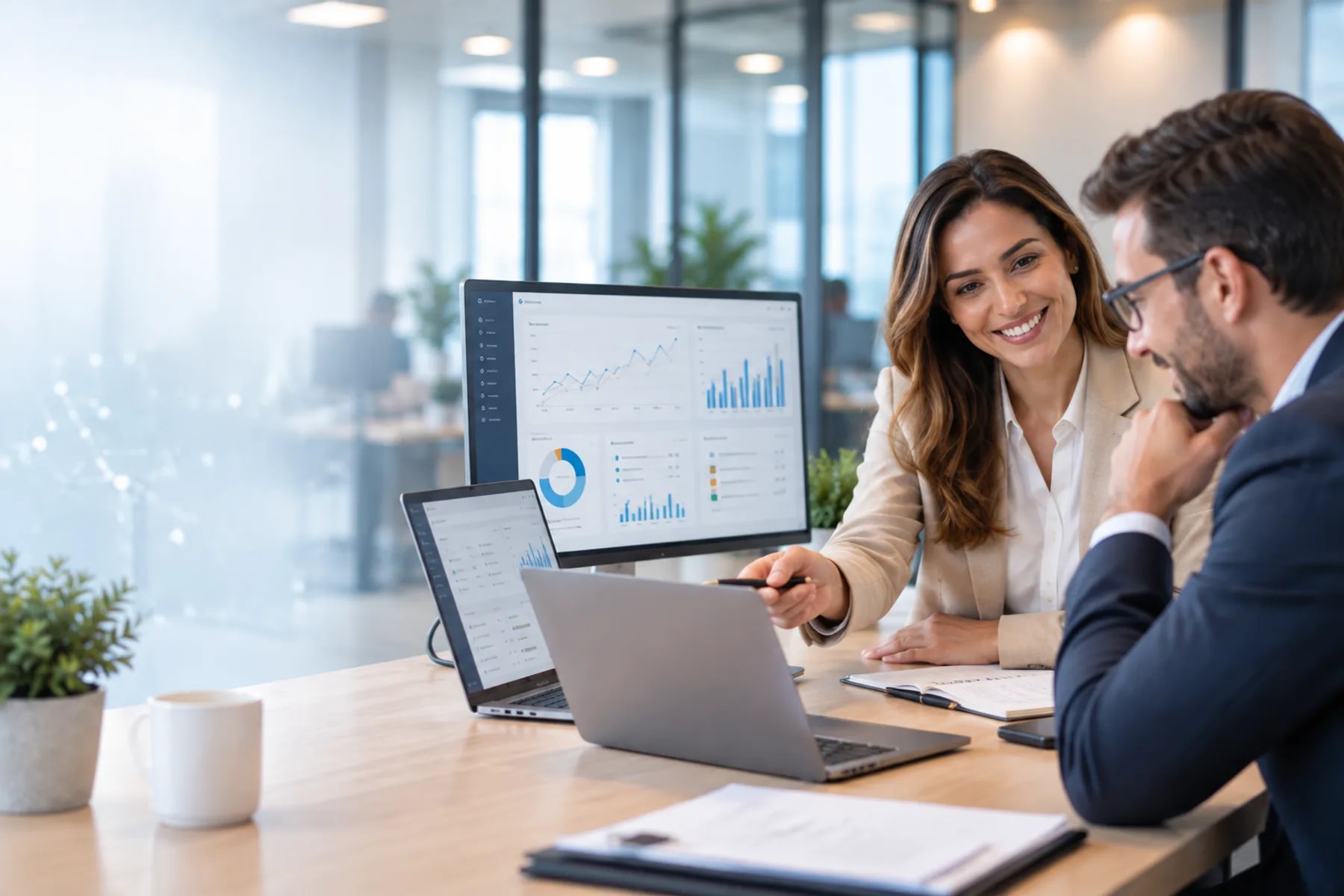 Dupla analisando indicadores em monitor e notebook durante reunião