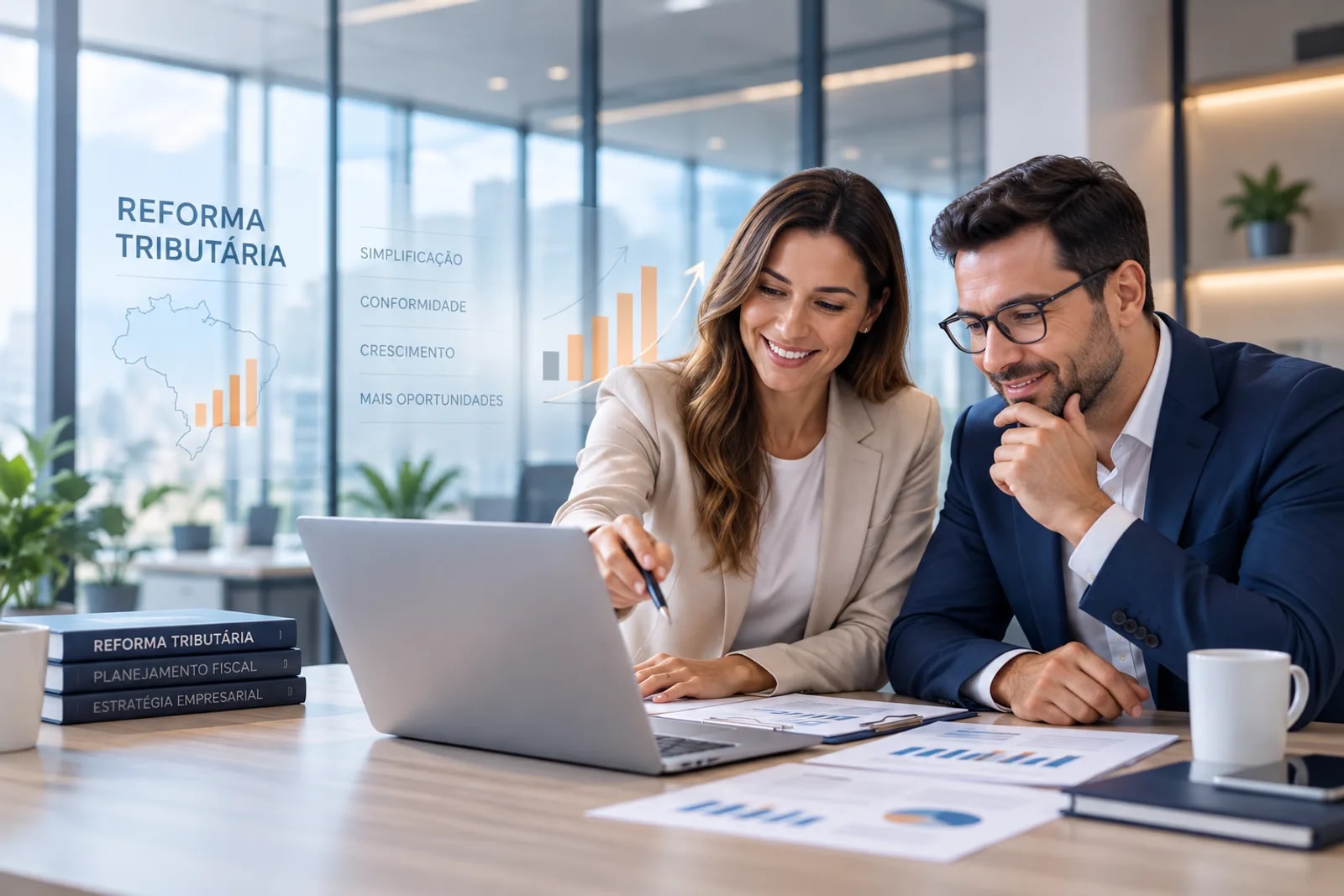 Dupla analisando notebook com painel de indicadores em sobreposição digital