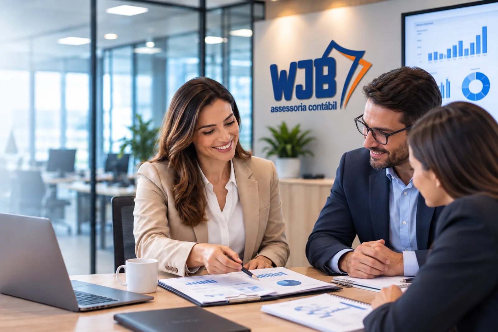 Consultora da WJB analisando relatórios financeiros com dois clientes, com gráficos exibidos em tela ao fundo