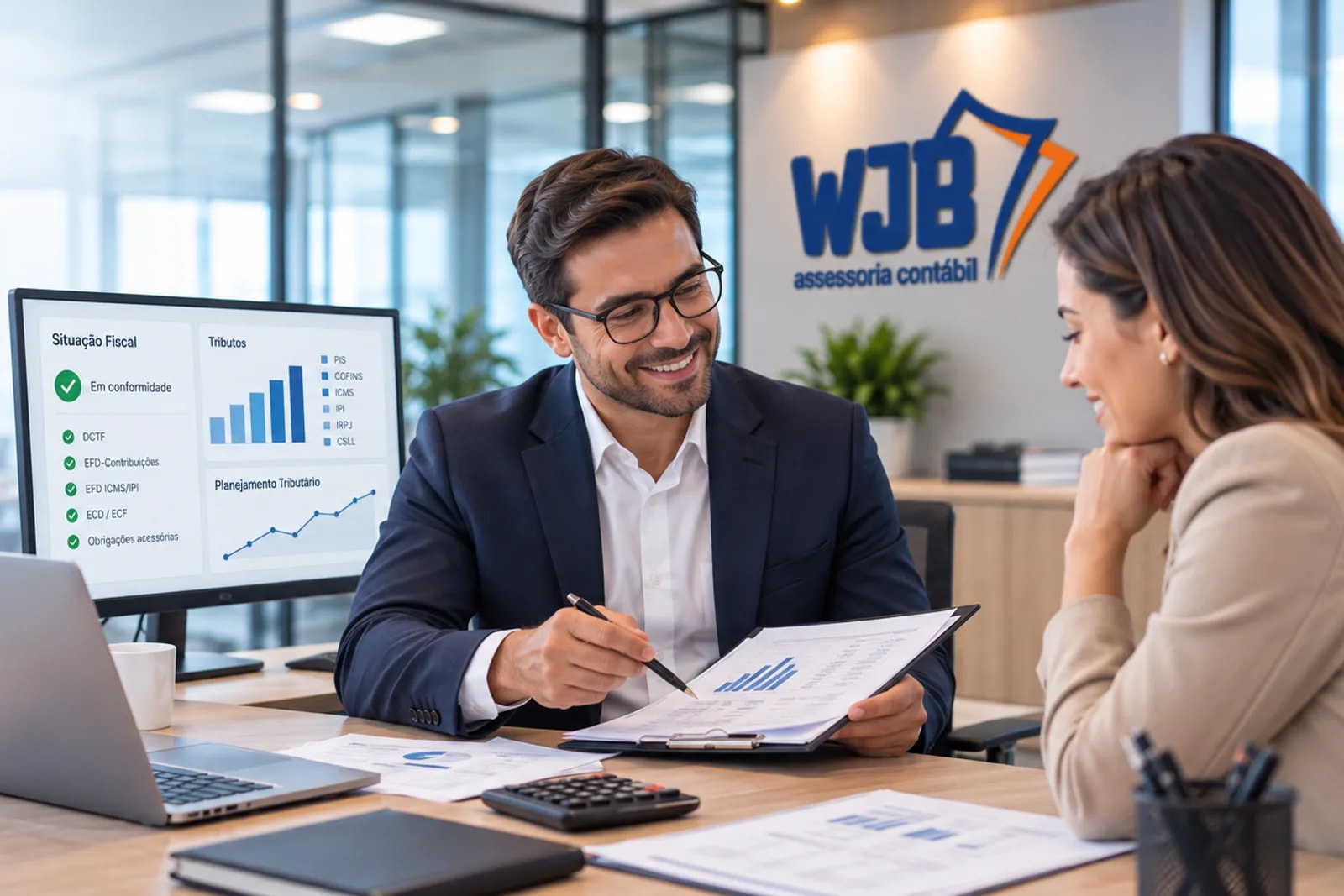 Consultor da WJB revisando situação fiscal com cliente, com painel de tributos e conformidade exibido em tela ao fundo