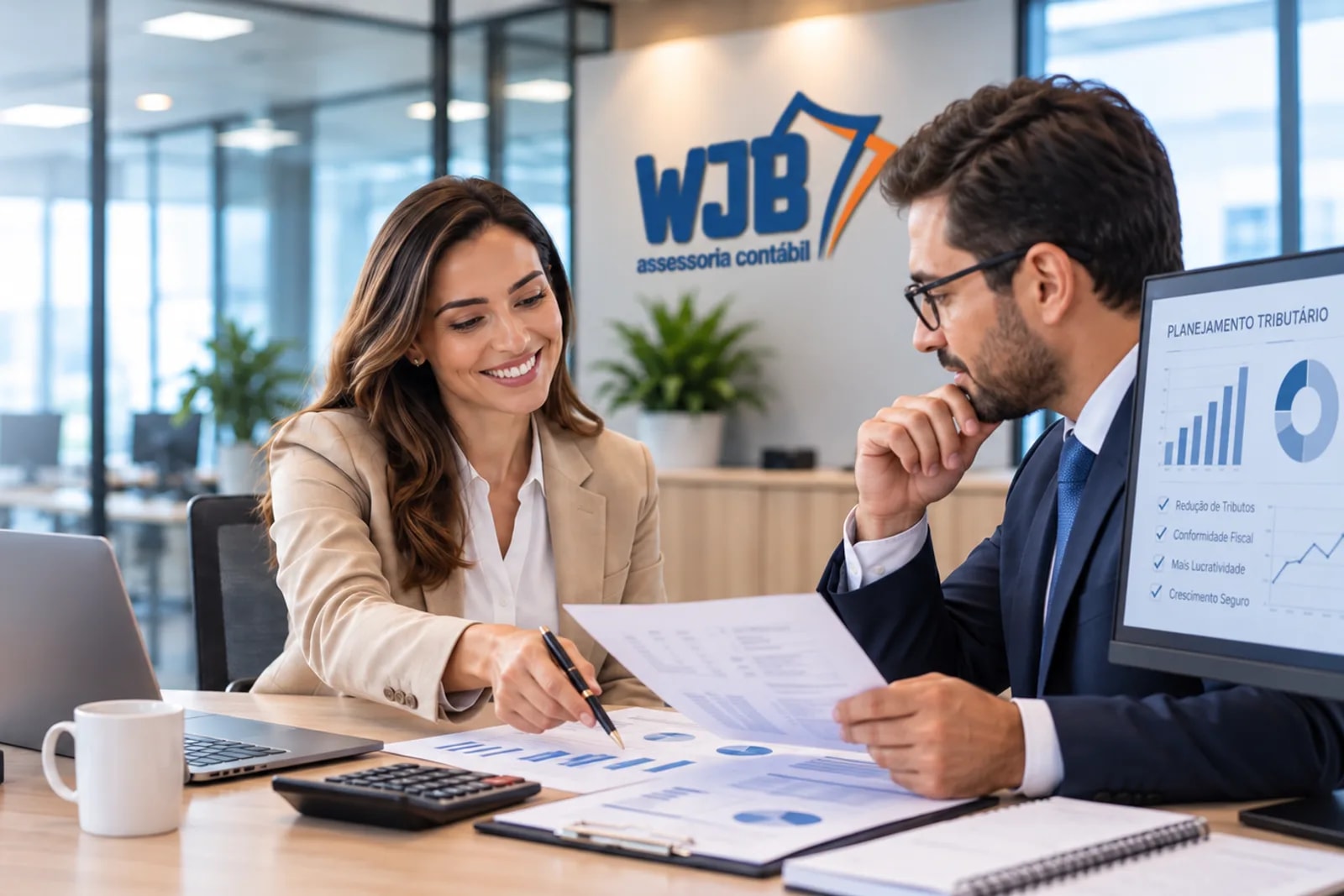 Consultora e cliente da WJB analisando planejamento tributário, com painel de indicadores exibido em tela ao fundo
