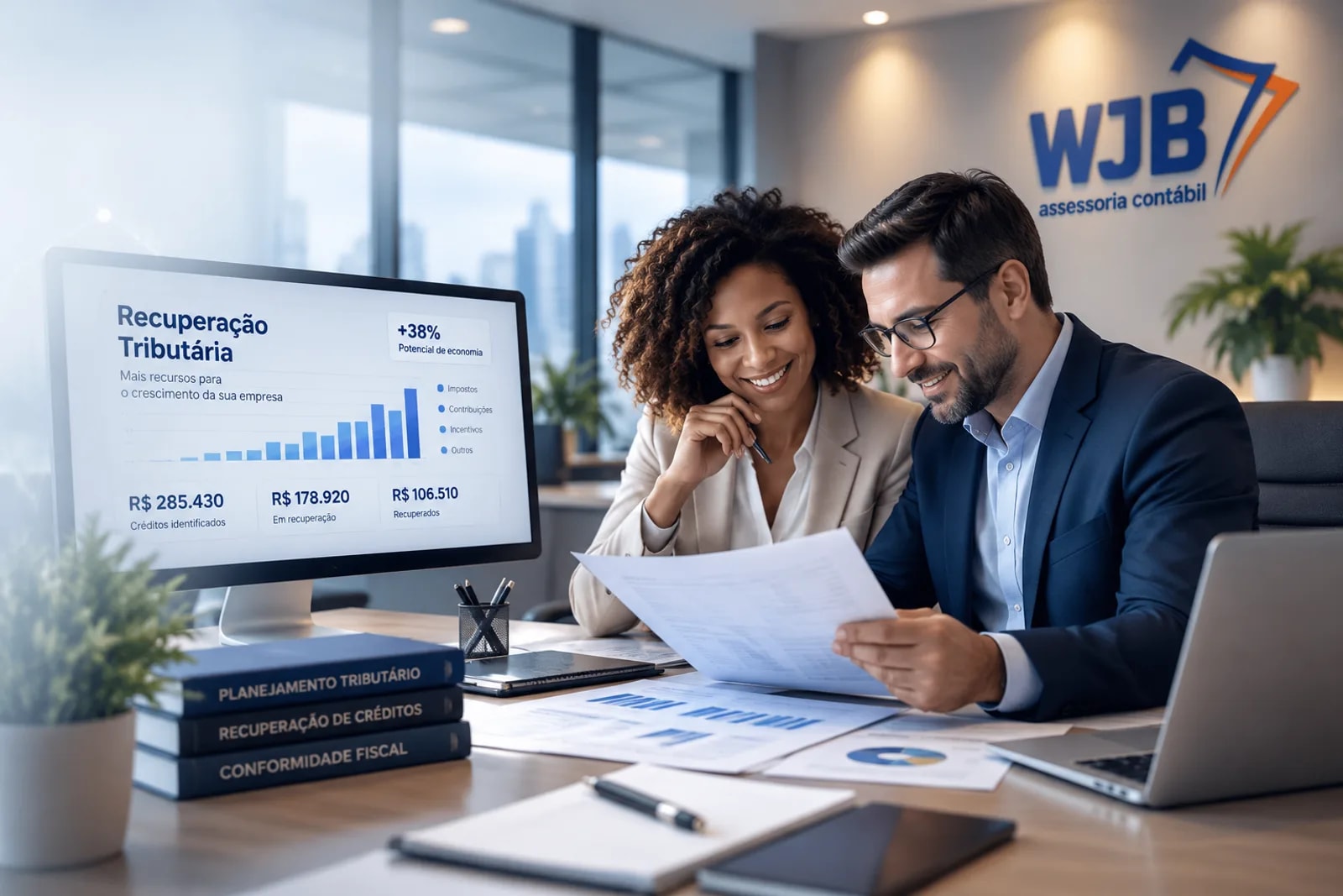 Consultora e cliente analisando documentos em escritório da WJB, com painel de recuperação tributária exibido em tela ao fundo
