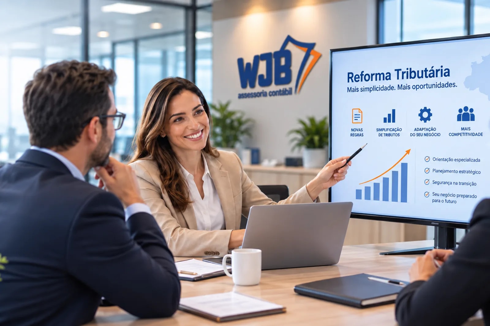 Consultora da WJB apresentando painel sobre a Reforma Tributária a dois clientes em tela grande